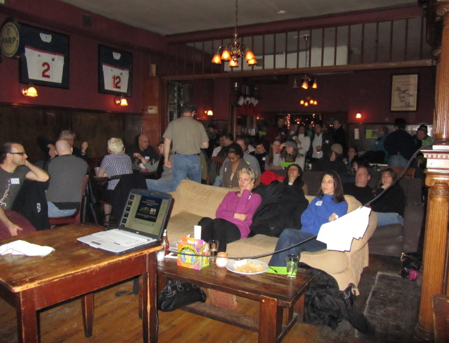 the back room of Black Rock is full of skeptics for a Meetup.